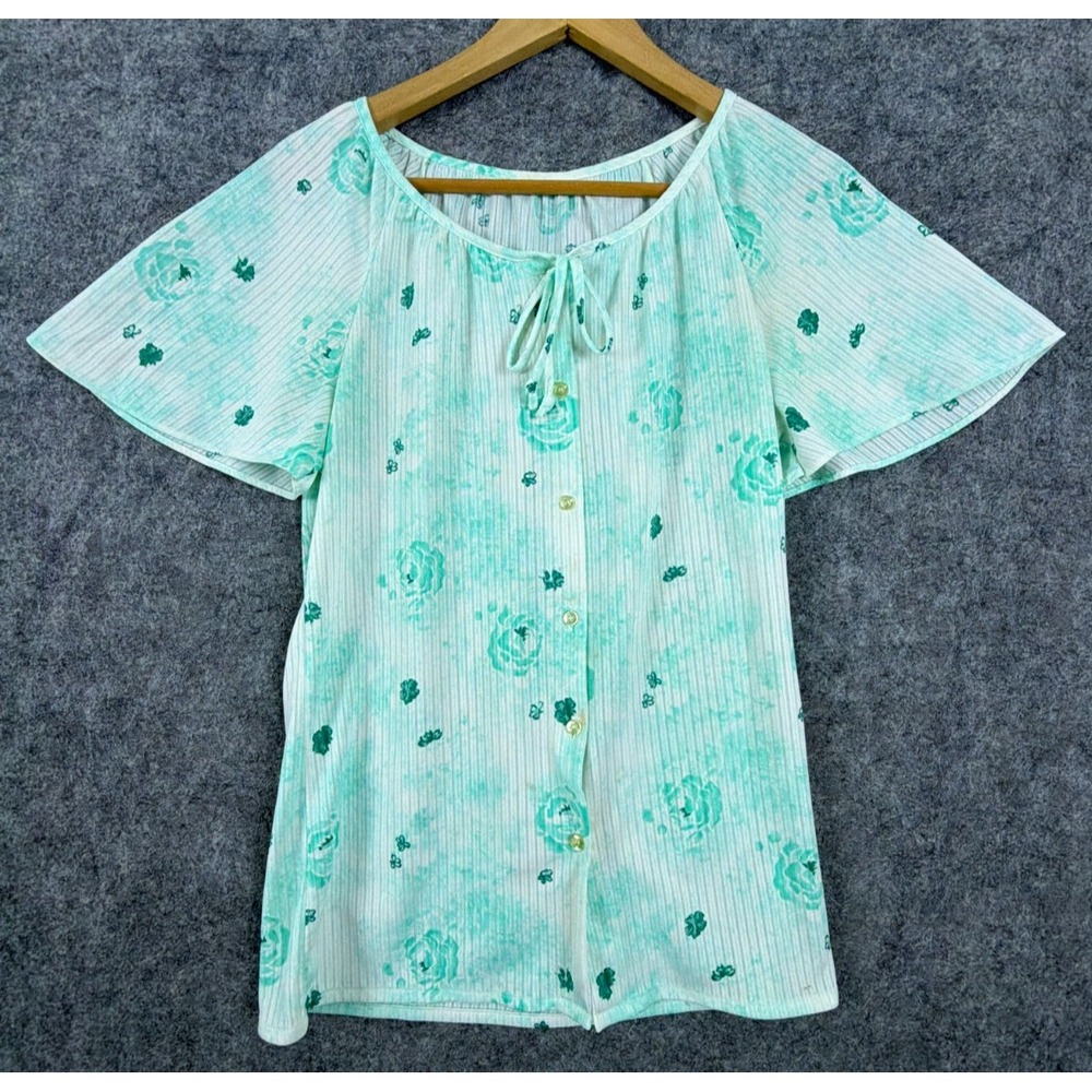 Unbranded Blouse Womens S Green Floral Vintage Flutter Sleeve Tie Neck Button